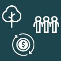 Trois icones représentant un arbre, trois personnes et un dollar entouré